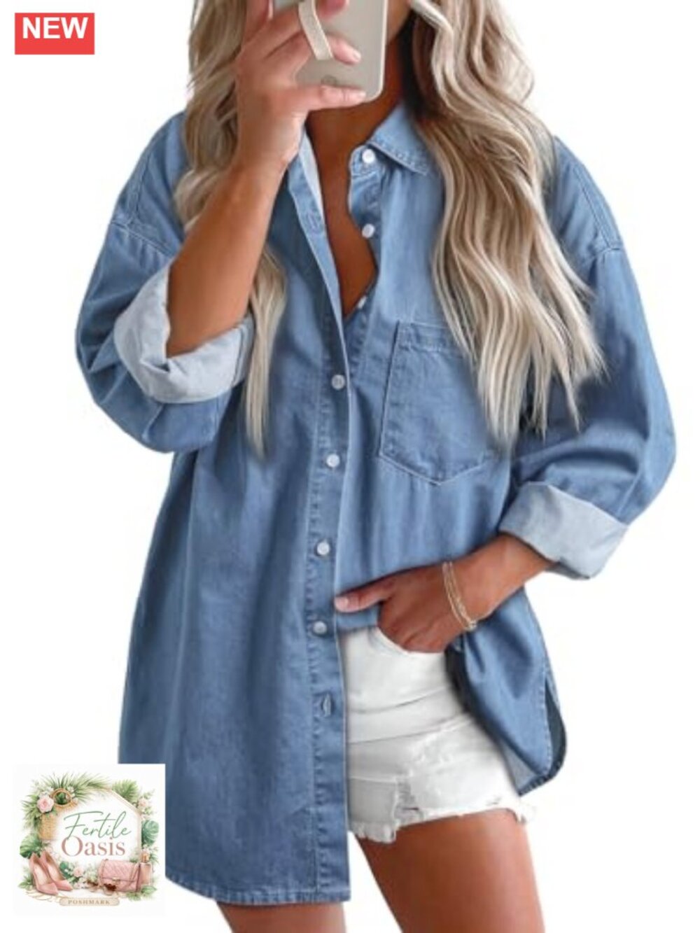 Women's Cotton Button Down Denim Shirt Blouse Boyfriend Style Long Sleeve